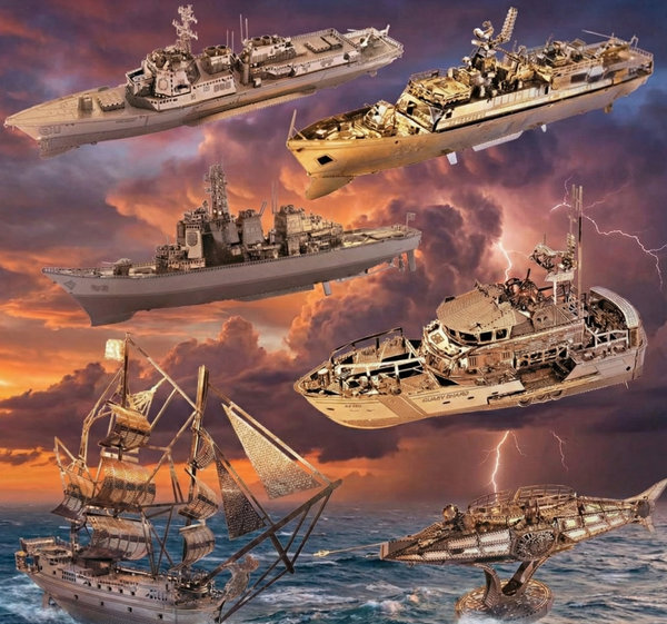 Puzzle 3D Métal - Flotte Navale Militaire - Corvette, Destroyer & Nautilus