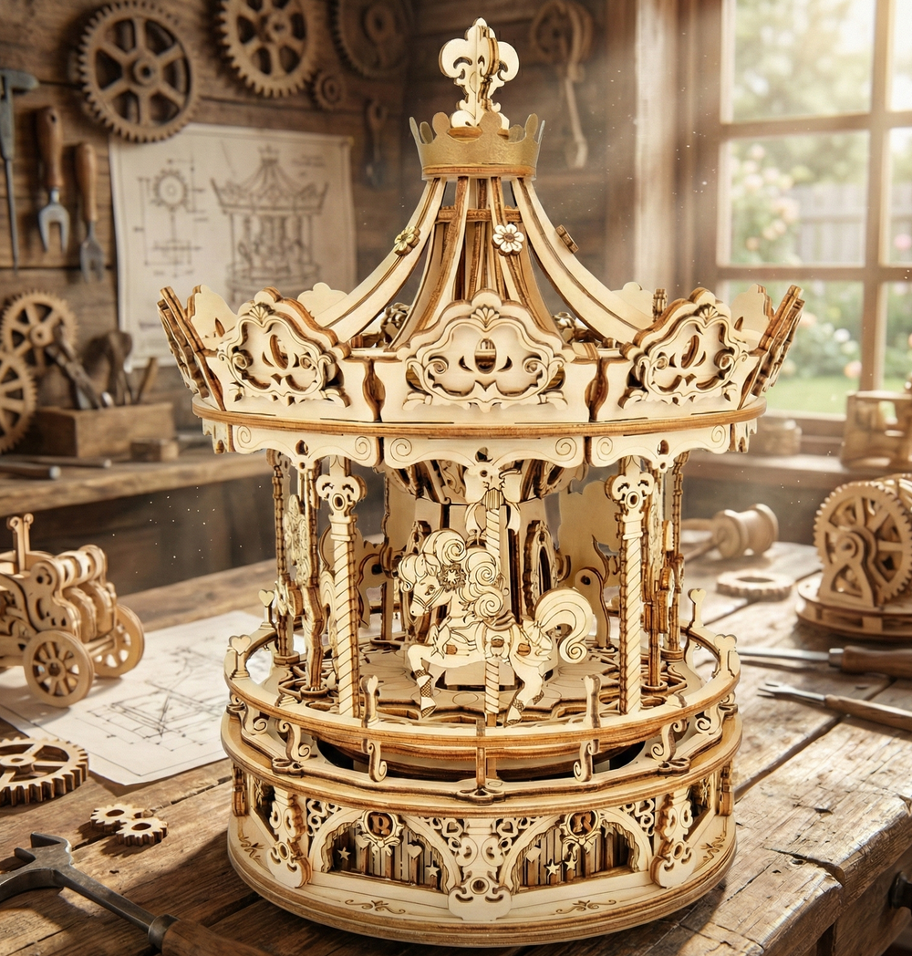 Maquette Musicale "Le Carrousel Romantique" - Puzzle 3D Bois Rotatif
