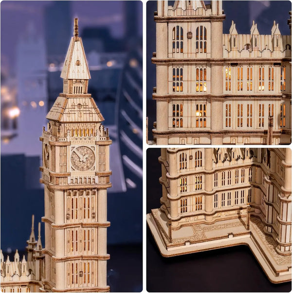 Monuments de Londres - Puzzle 3D Bois Lumineux (Big Ben & Tower Bridge)